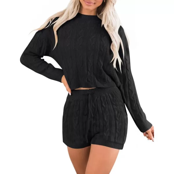 ZESICA Womens Casual 2 Piece Sweater Sets Long Sleeve Cable Knit Pullover Tops and Drawstring Shorts Sweatsuit OutfitsBlack