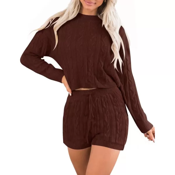 ZESICA Womens Casual 2 Piece Sweater Sets Long Sleeve Cable Knit Pullover Tops and Drawstring Shorts Sweatsuit OutfitsRedbrown