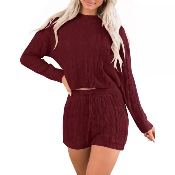 ZESICA Womens Casual 2 Piece Sweater Sets Long Sleeve Cable Knit Pullover Tops and Drawstring Shorts Sweatsuit OutfitsWine