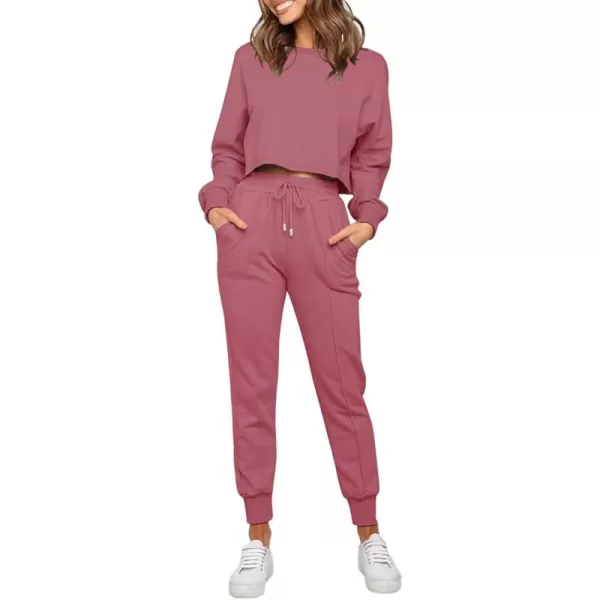 ZESICA Womens Long Sleeve Crop Top and Pants Pajama Sets 2 Piece Jogger Long Sleepwear Loungewear Pjs SetsRosy