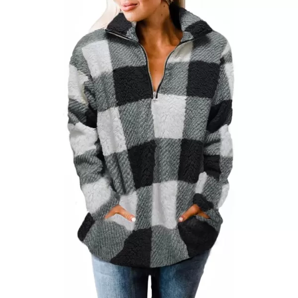 ZESICA Womens Plaid Long Sleeve Zipper Sherpa Fleece Sweatshirt Pullover Jacket Coat with PocketsBlack