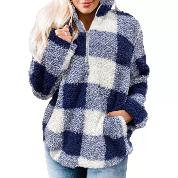ZESICA Womens Plaid Long Sleeve Zipper Sherpa Fleece Sweatshirt Pullover Jacket Coat with PocketsBlue