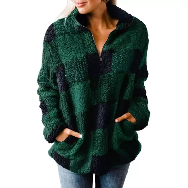 ZESICA Womens Plaid Long Sleeve Zipper Sherpa Fleece Sweatshirt Pullover Jacket Coat with PocketsGreen