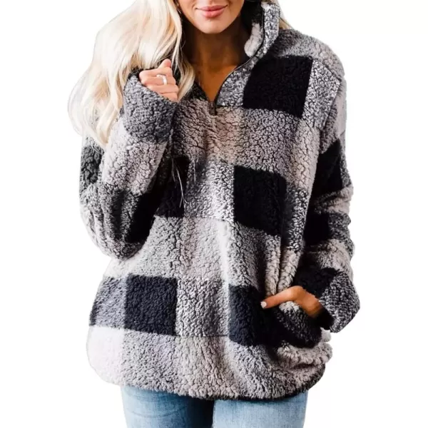 ZESICA Womens Plaid Long Sleeve Zipper Sherpa Fleece Sweatshirt Pullover Jacket Coat with PocketsGrey