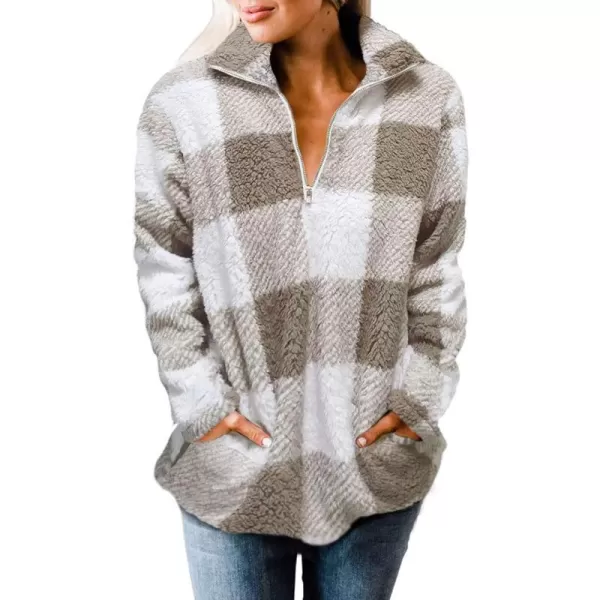 ZESICA Womens Plaid Long Sleeve Zipper Sherpa Fleece Sweatshirt Pullover Jacket Coat with PocketsKhaki