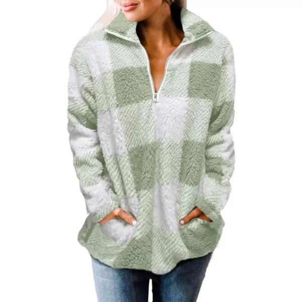 ZESICA Womens Plaid Long Sleeve Zipper Sherpa Fleece Sweatshirt Pullover Jacket Coat with PocketsLightgreen