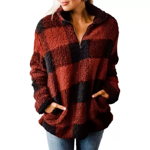 ZESICA Womens Plaid Long Sleeve Zipper Sherpa Fleece Sweatshirt Pullover Jacket Coat with PocketsOrange Red