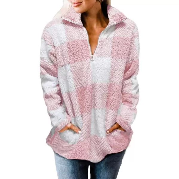 ZESICA Womens Plaid Long Sleeve Zipper Sherpa Fleece Sweatshirt Pullover Jacket Coat with PocketsPink