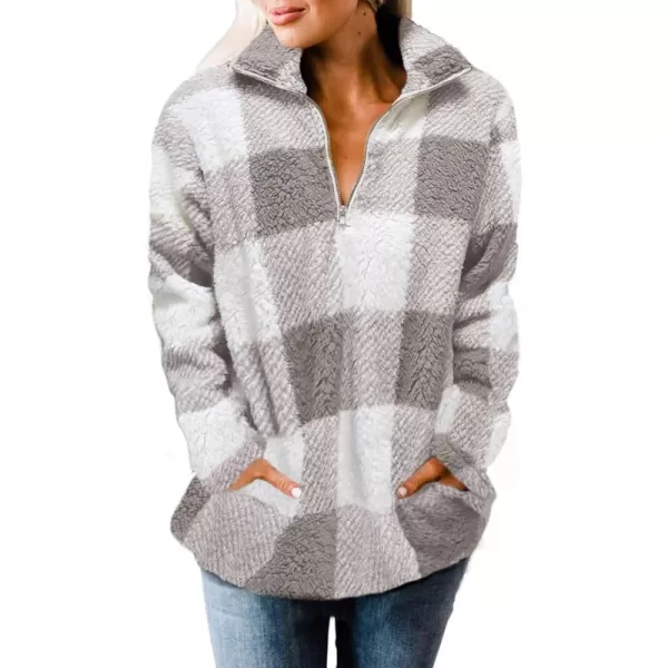 ZESICA Womens Plaid Long Sleeve Zipper Sherpa Fleece Sweatshirt Pullover Jacket Coat with PocketsPurplegrey