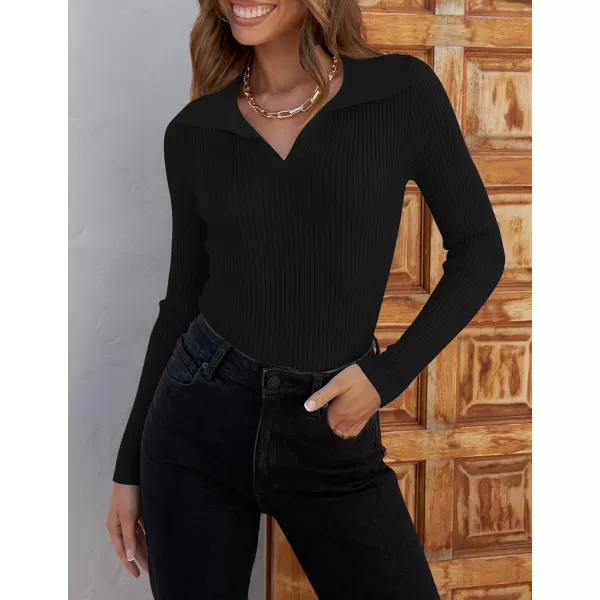 ZESICA Sweaters for Women 2024 Fall Long Sleeve V Neck Ribbed Knit Pullover Tops Casual Slim Fit Basic Tee ShirtsBlack