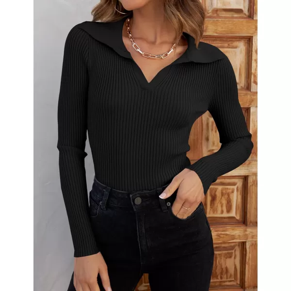 ZESICA Sweaters for Women 2024 Fall Long Sleeve V Neck Ribbed Knit Pullover Tops Casual Slim Fit Basic Tee ShirtsBlack