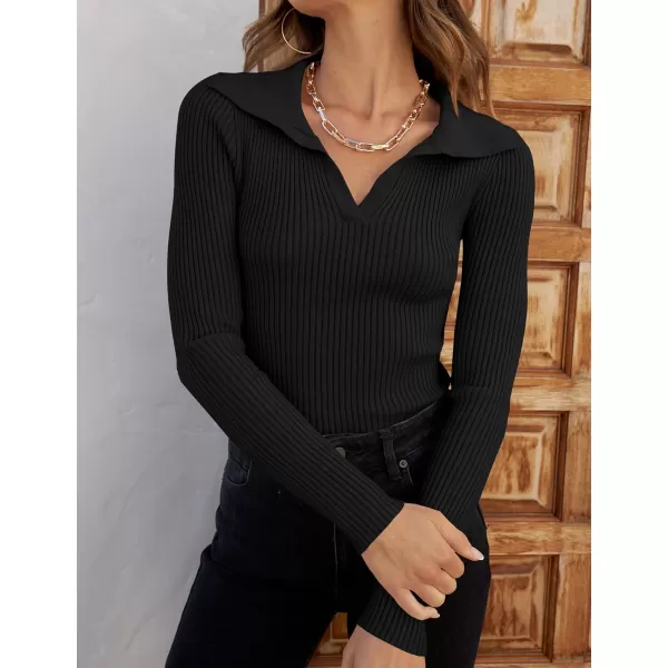 ZESICA Sweaters for Women 2024 Fall Long Sleeve V Neck Ribbed Knit Pullover Tops Casual Slim Fit Basic Tee ShirtsBlack
