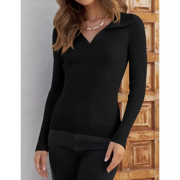ZESICA Sweaters for Women 2024 Fall Long Sleeve V Neck Ribbed Knit Pullover Tops Casual Slim Fit Basic Tee ShirtsBlack