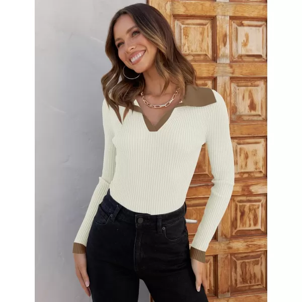 ZESICA Sweaters for Women 2024 Fall Long Sleeve V Neck Ribbed Knit Pullover Tops Casual Slim Fit Basic Tee ShirtsCream