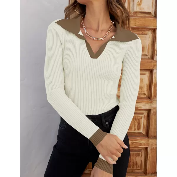 ZESICA Sweaters for Women 2024 Fall Long Sleeve V Neck Ribbed Knit Pullover Tops Casual Slim Fit Basic Tee ShirtsCream