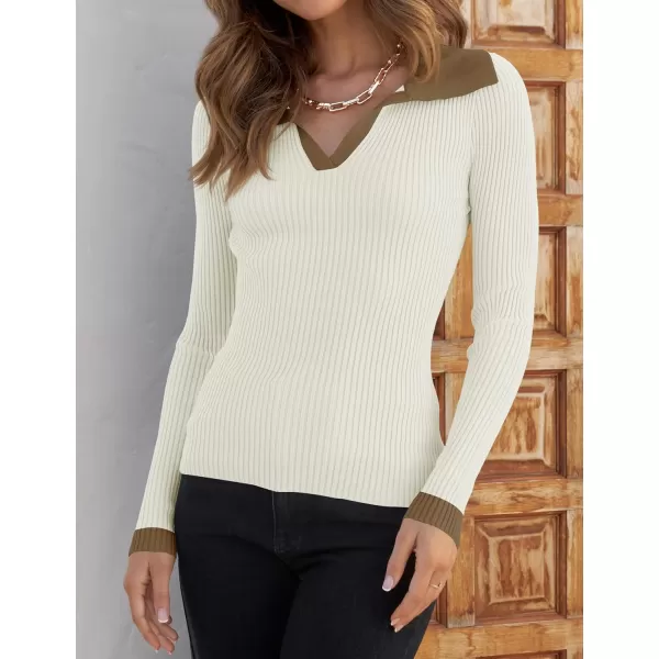 ZESICA Sweaters for Women 2024 Fall Long Sleeve V Neck Ribbed Knit Pullover Tops Casual Slim Fit Basic Tee ShirtsCream