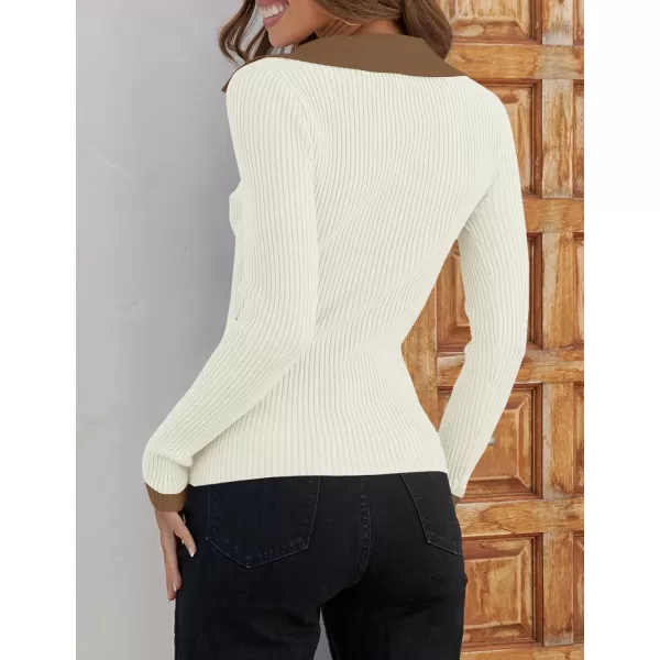 ZESICA Sweaters for Women 2024 Fall Long Sleeve V Neck Ribbed Knit Pullover Tops Casual Slim Fit Basic Tee ShirtsCream