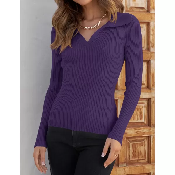ZESICA Sweaters for Women 2024 Fall Long Sleeve V Neck Ribbed Knit Pullover Tops Casual Slim Fit Basic Tee ShirtsDark Purple