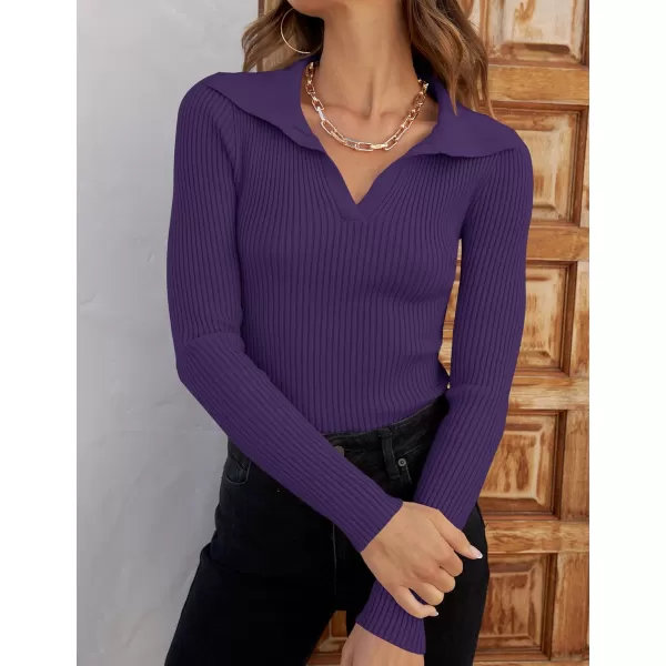 ZESICA Sweaters for Women 2024 Fall Long Sleeve V Neck Ribbed Knit Pullover Tops Casual Slim Fit Basic Tee ShirtsDark Purple