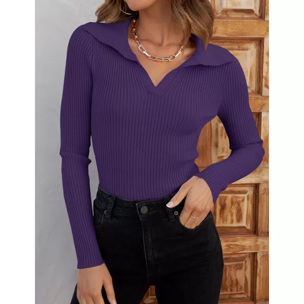 ZESICA Sweaters for Women 2024 Fall Long Sleeve V Neck Ribbed Knit Pullover Tops Casual Slim Fit Basic Tee ShirtsDark Purple