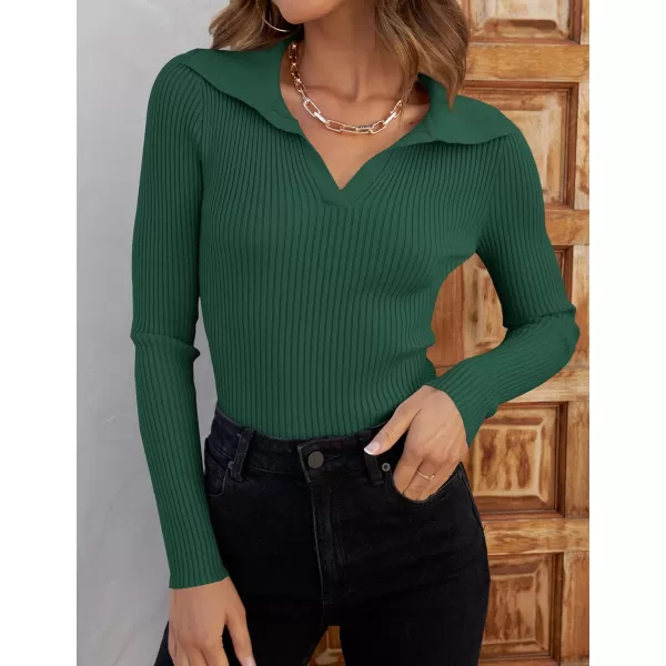 ZESICA Sweaters for Women 2024 Fall Long Sleeve V Neck Ribbed Knit Pullover Tops Casual Slim Fit Basic Tee ShirtsDarkgreen