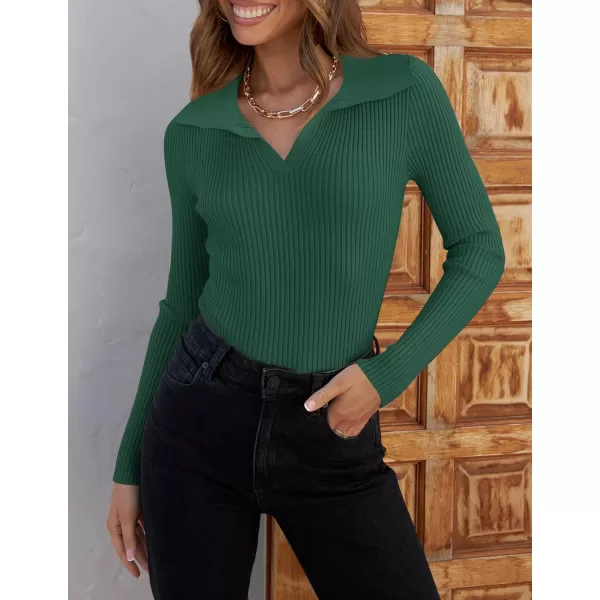 ZESICA Sweaters for Women 2024 Fall Long Sleeve V Neck Ribbed Knit Pullover Tops Casual Slim Fit Basic Tee ShirtsDarkgreen
