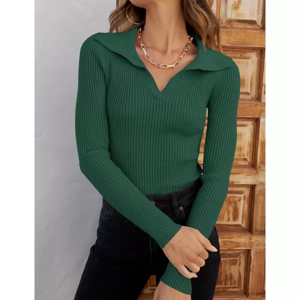 ZESICA Sweaters for Women 2024 Fall Long Sleeve V Neck Ribbed Knit Pullover Tops Casual Slim Fit Basic Tee ShirtsDarkgreen