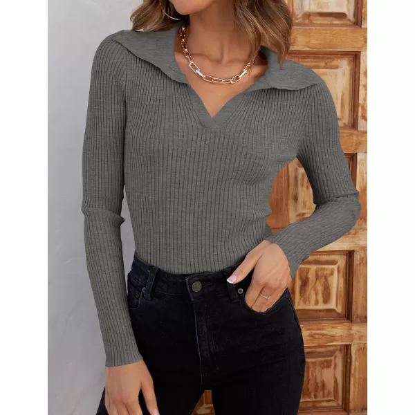 ZESICA Sweaters for Women 2024 Fall Long Sleeve V Neck Ribbed Knit Pullover Tops Casual Slim Fit Basic Tee ShirtsGrey