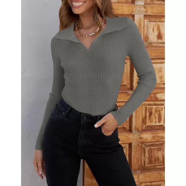 ZESICA Sweaters for Women 2024 Fall Long Sleeve V Neck Ribbed Knit Pullover Tops Casual Slim Fit Basic Tee ShirtsGrey