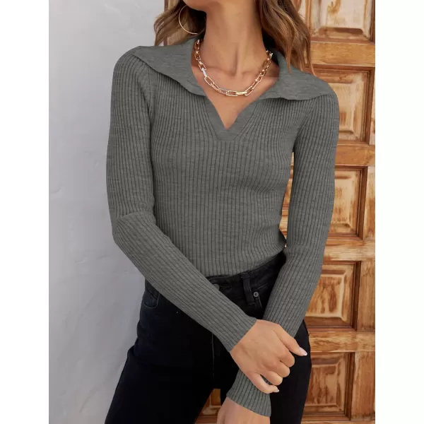 ZESICA Sweaters for Women 2024 Fall Long Sleeve V Neck Ribbed Knit Pullover Tops Casual Slim Fit Basic Tee ShirtsGrey