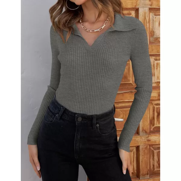 ZESICA Sweaters for Women 2024 Fall Long Sleeve V Neck Ribbed Knit Pullover Tops Casual Slim Fit Basic Tee ShirtsGrey