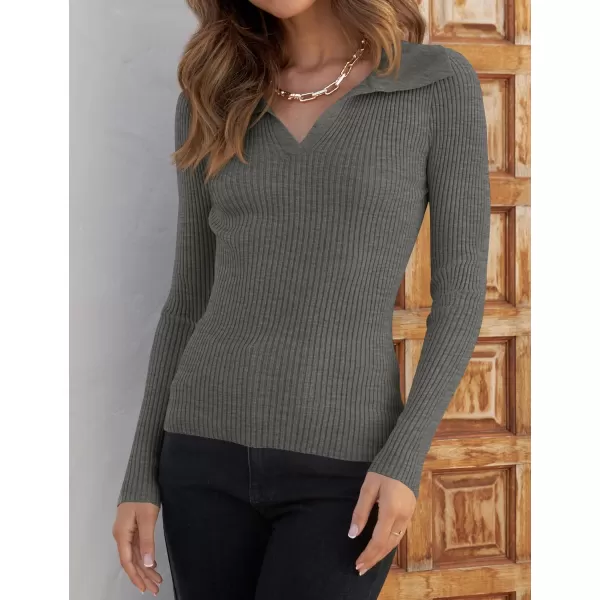 ZESICA Sweaters for Women 2024 Fall Long Sleeve V Neck Ribbed Knit Pullover Tops Casual Slim Fit Basic Tee ShirtsGrey