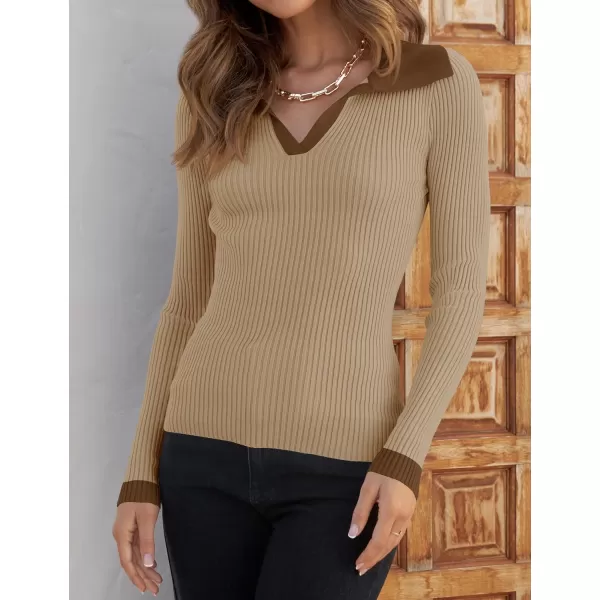 ZESICA Sweaters for Women 2024 Fall Long Sleeve V Neck Ribbed Knit Pullover Tops Casual Slim Fit Basic Tee ShirtsKhaki