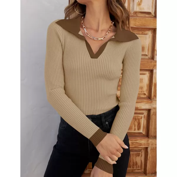 ZESICA Sweaters for Women 2024 Fall Long Sleeve V Neck Ribbed Knit Pullover Tops Casual Slim Fit Basic Tee ShirtsKhaki