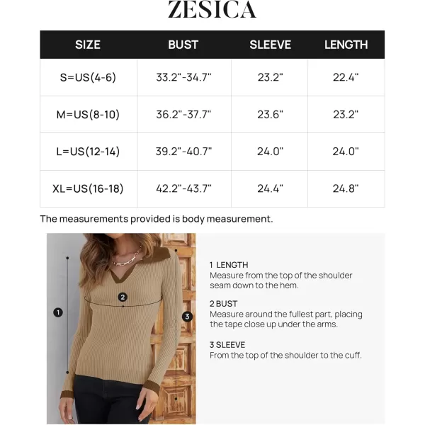 ZESICA Sweaters for Women 2024 Fall Long Sleeve V Neck Ribbed Knit Pullover Tops Casual Slim Fit Basic Tee ShirtsKhaki