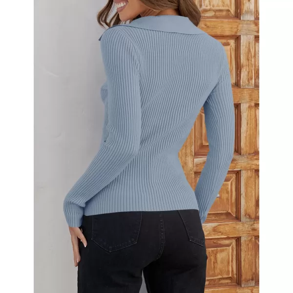 ZESICA Sweaters for Women 2024 Fall Long Sleeve V Neck Ribbed Knit Pullover Tops Casual Slim Fit Basic Tee ShirtsLightblue