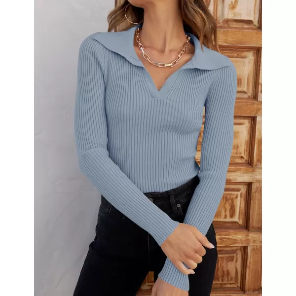 ZESICA Sweaters for Women 2024 Fall Long Sleeve V Neck Ribbed Knit Pullover Tops Casual Slim Fit Basic Tee ShirtsLightblue
