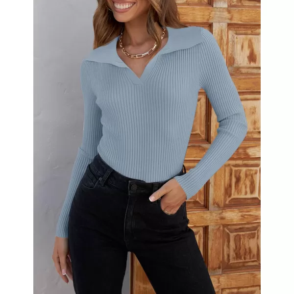 ZESICA Sweaters for Women 2024 Fall Long Sleeve V Neck Ribbed Knit Pullover Tops Casual Slim Fit Basic Tee ShirtsLightblue
