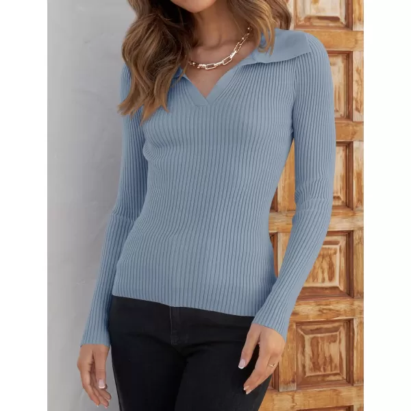 ZESICA Sweaters for Women 2024 Fall Long Sleeve V Neck Ribbed Knit Pullover Tops Casual Slim Fit Basic Tee ShirtsLightblue