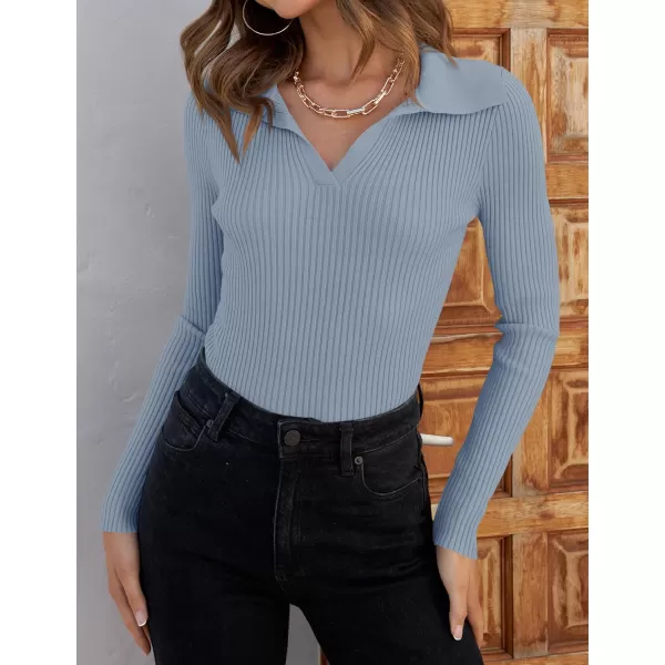 ZESICA Sweaters for Women 2024 Fall Long Sleeve V Neck Ribbed Knit Pullover Tops Casual Slim Fit Basic Tee ShirtsLightblue