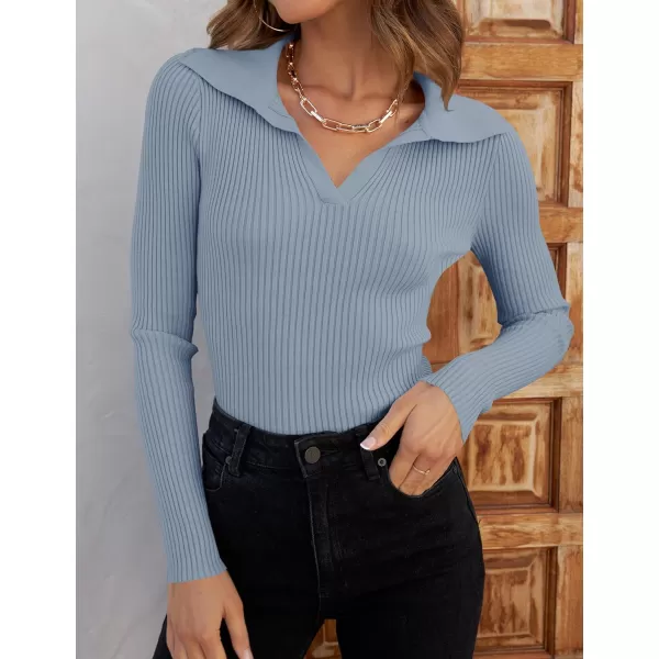 ZESICA Sweaters for Women 2024 Fall Long Sleeve V Neck Ribbed Knit Pullover Tops Casual Slim Fit Basic Tee ShirtsLightblue