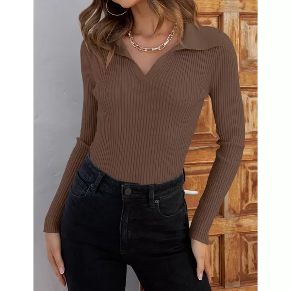 ZESICA Sweaters for Women 2024 Fall Long Sleeve V Neck Ribbed Knit Pullover Tops Casual Slim Fit Basic Tee ShirtsMocha