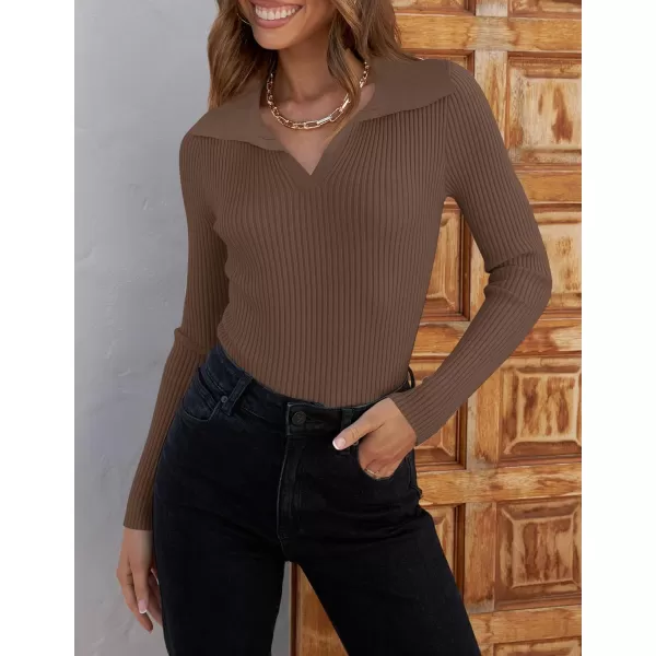 ZESICA Sweaters for Women 2024 Fall Long Sleeve V Neck Ribbed Knit Pullover Tops Casual Slim Fit Basic Tee ShirtsMocha