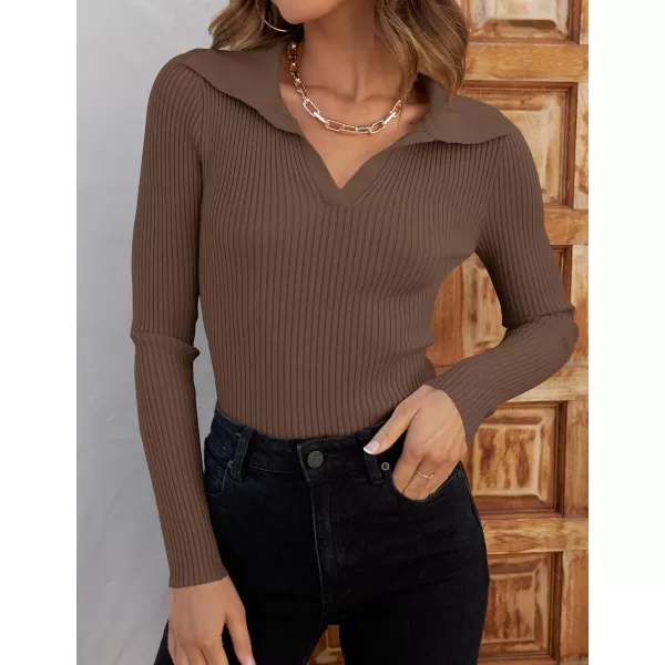 ZESICA Sweaters for Women 2024 Fall Long Sleeve V Neck Ribbed Knit Pullover Tops Casual Slim Fit Basic Tee ShirtsMocha
