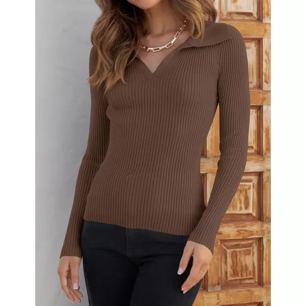 ZESICA Sweaters for Women 2024 Fall Long Sleeve V Neck Ribbed Knit Pullover Tops Casual Slim Fit Basic Tee ShirtsMocha
