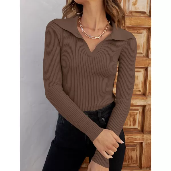 ZESICA Sweaters for Women 2024 Fall Long Sleeve V Neck Ribbed Knit Pullover Tops Casual Slim Fit Basic Tee ShirtsMocha