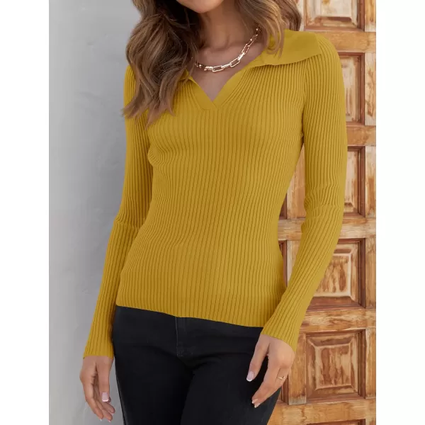 ZESICA Sweaters for Women 2024 Fall Long Sleeve V Neck Ribbed Knit Pullover Tops Casual Slim Fit Basic Tee ShirtsMustard
