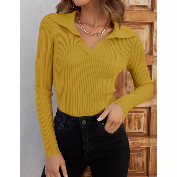 ZESICA Sweaters for Women 2024 Fall Long Sleeve V Neck Ribbed Knit Pullover Tops Casual Slim Fit Basic Tee ShirtsMustard