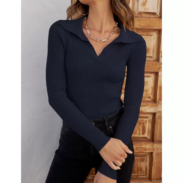 ZESICA Sweaters for Women 2024 Fall Long Sleeve V Neck Ribbed Knit Pullover Tops Casual Slim Fit Basic Tee ShirtsNavy