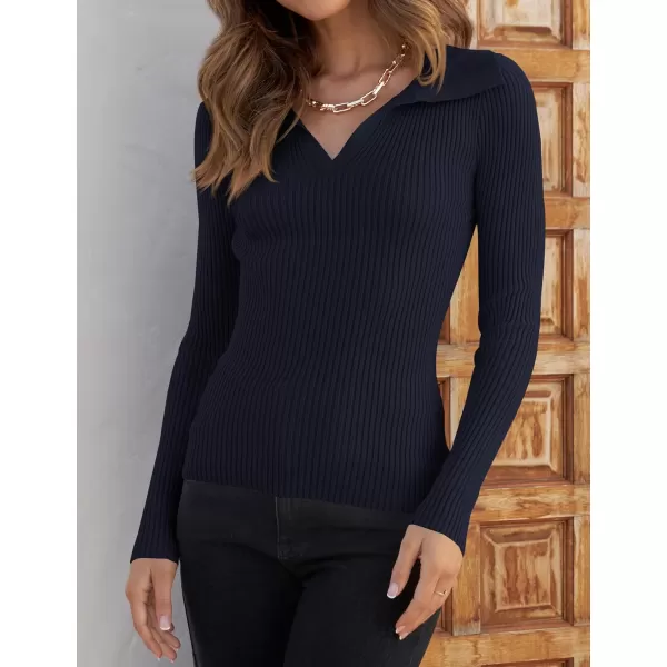 ZESICA Sweaters for Women 2024 Fall Long Sleeve V Neck Ribbed Knit Pullover Tops Casual Slim Fit Basic Tee ShirtsNavy